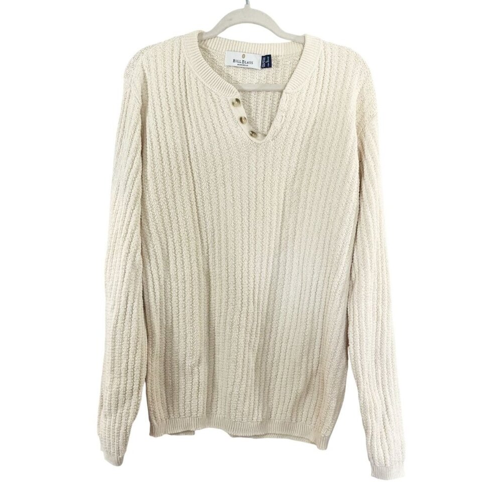 Vintage Bill Blass Men's Cream Fisherman Knit Henley Sweater Pullover Size Large